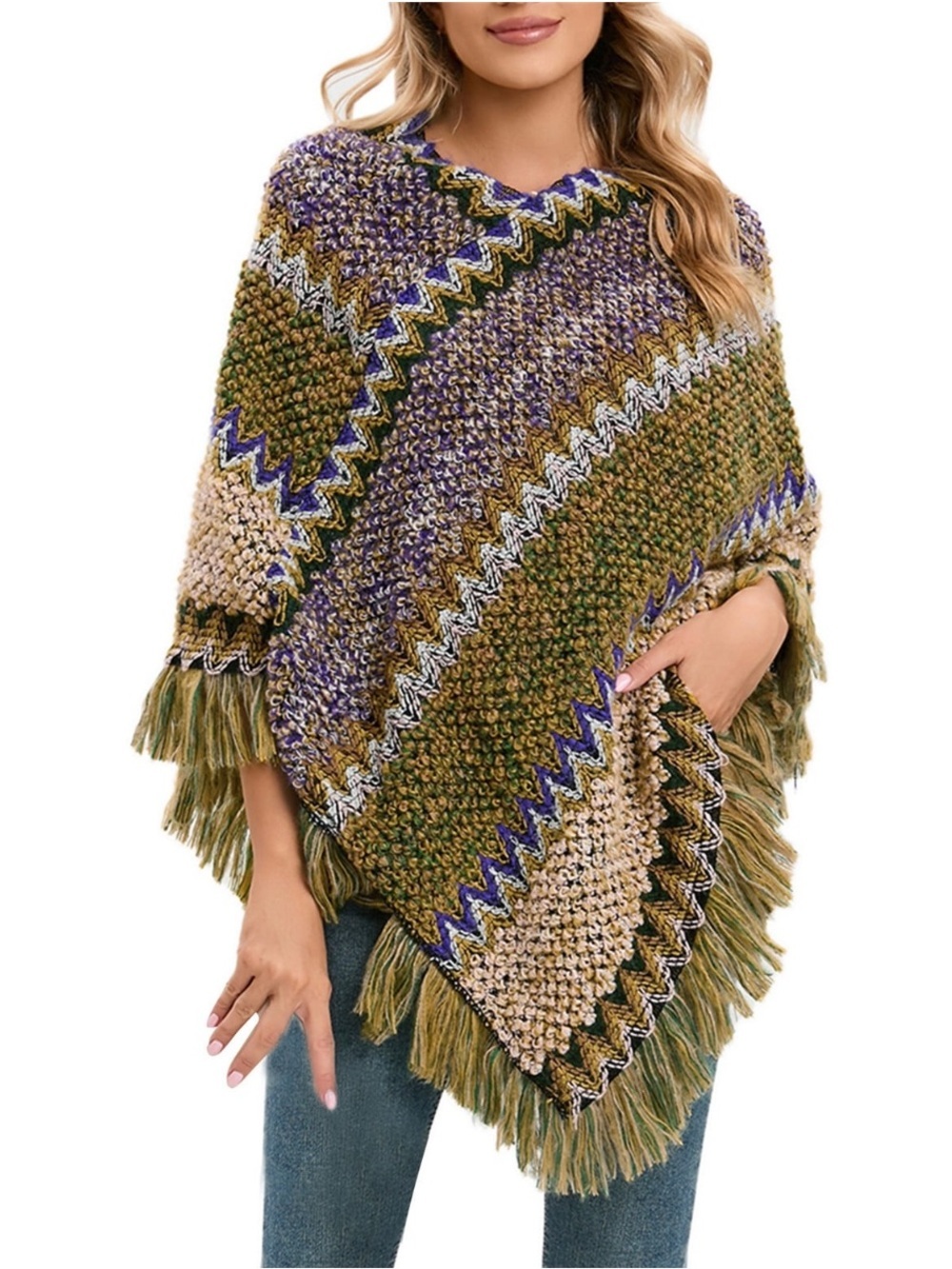 Chunky Knit Fringe Poncho Sweater Olive Green Multi One Size Boho Cottagecore
